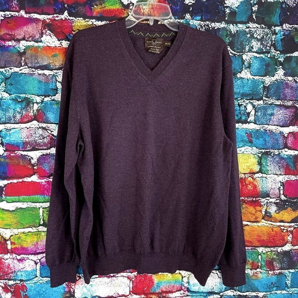 Black Brown V-Neck Pullover Sweater 100% Italian Merino Wool XXL